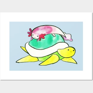 Little Axolotl and Turtle Watercolor Posters and Art